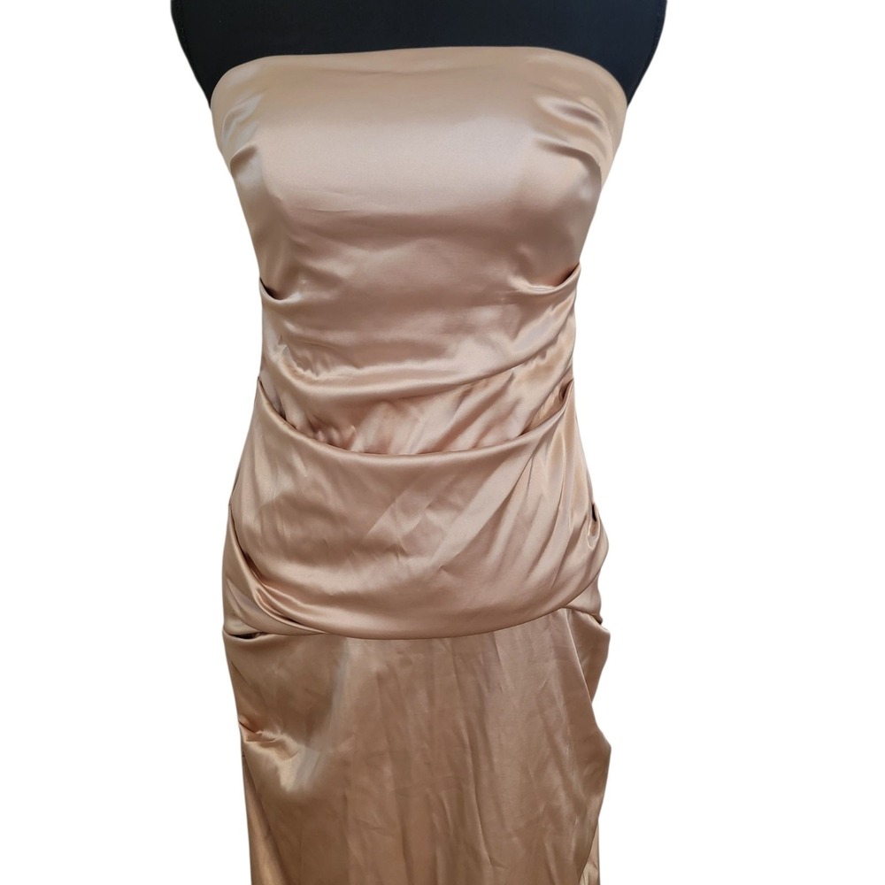 Vintage Y2K Gold Maxi Dress Sz 4 Tube Ruched Strapless Satin Homecoming Cocktail - Picture 3 of 9